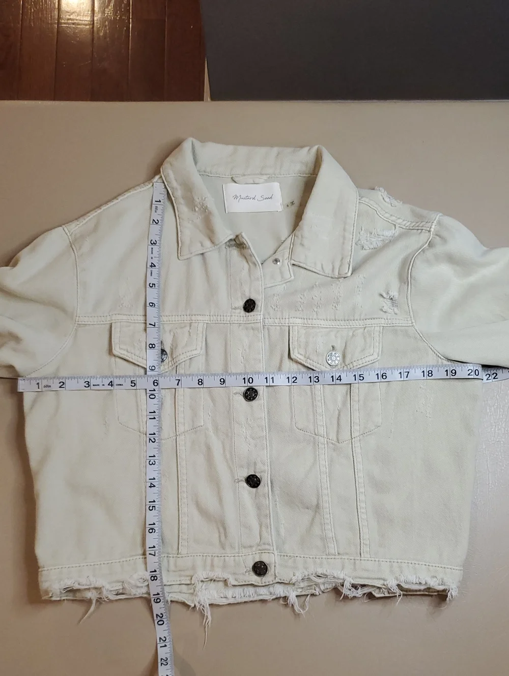 Mustard Seed Cropped Light Tan Distressed Denim Jacket Womwn's Size Small - Picture 7 of 9